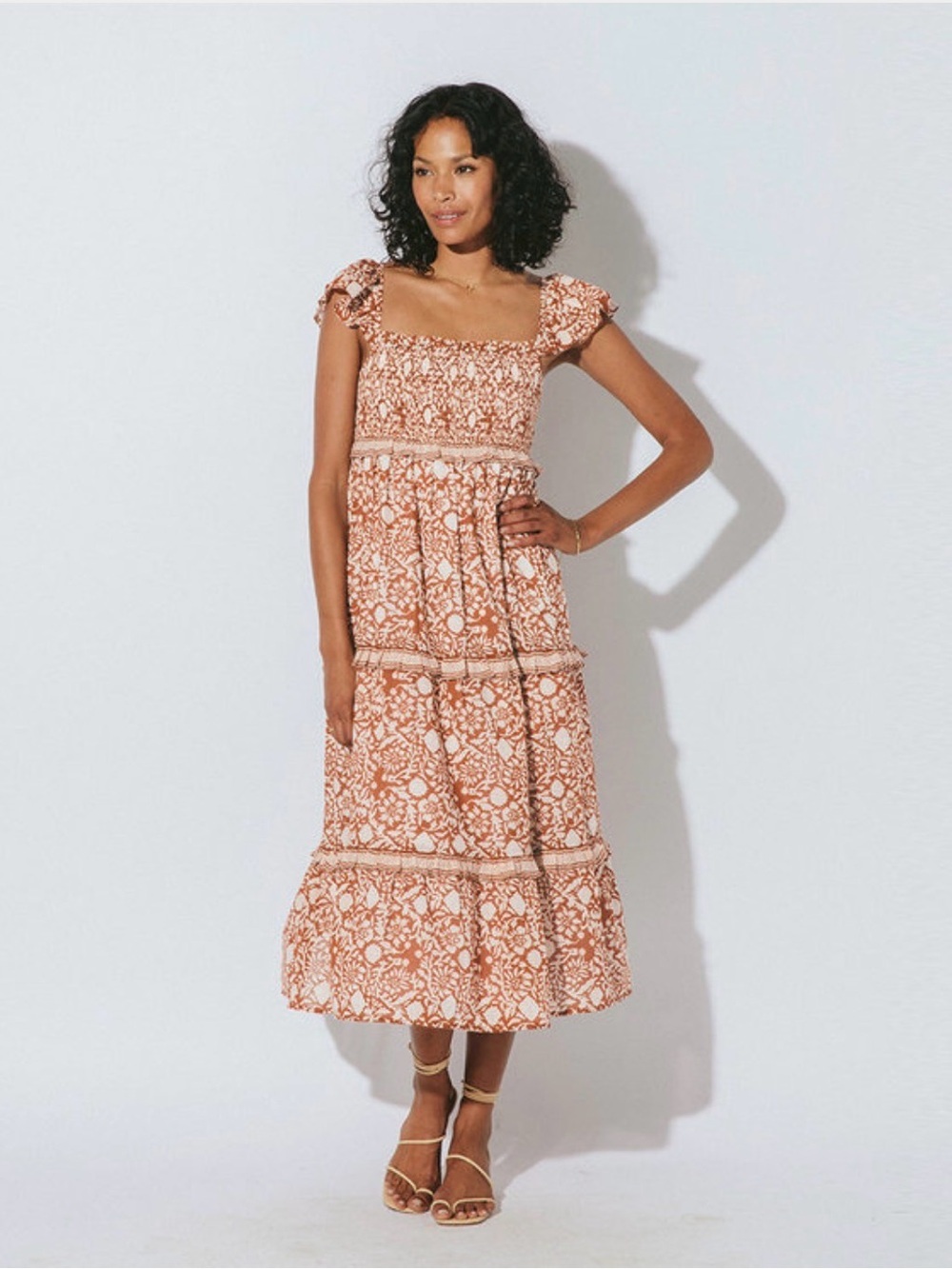 Cleobella Frida Midi Dress in Anila Block Print Rust Cream Smocked S